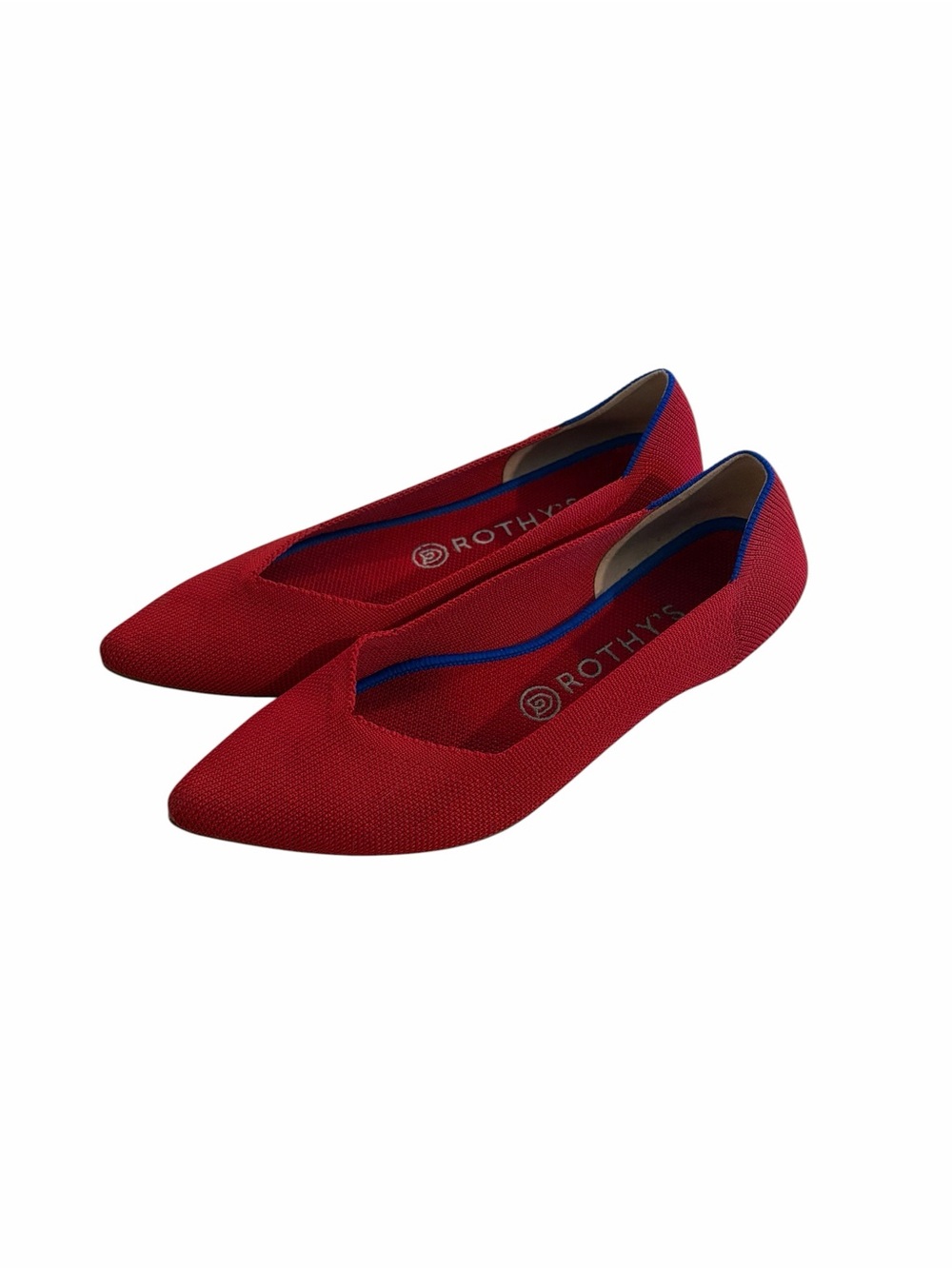 Rothy's Red Pointed-Toe Knit Flats with Blue Trim